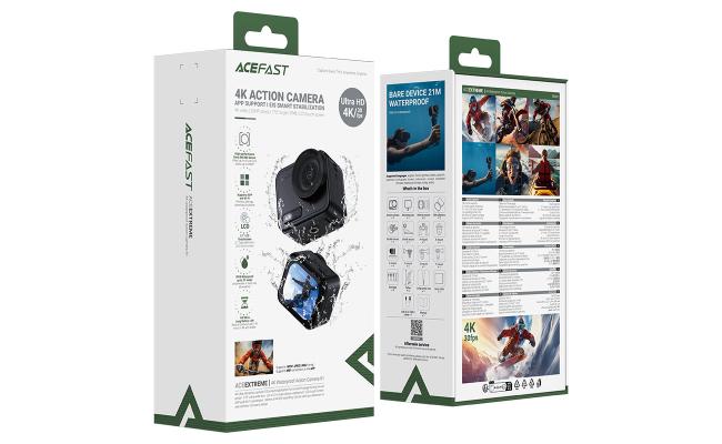 ACEFAST X1 4K Action Camera, 20MP High-Resolution 30 Fps, 170° Ultra-Wide-Angle Lens, 2.1-Inch High-Definition LCD Touchscreen, Waterproof - Black